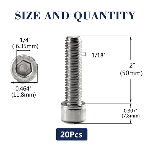 5/16-18 X 2 Inch Socket Head Cap Screws 20 Piece 304 Stainless Steel 18-8 Grade Allen Hex Bolt Set dimensions and quantity displayed.