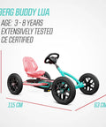 Berg Buddy Lua pedal go kart with adjustable seat and BFR system for kids ages 3 to 8, durable steel frame for backyard fun.