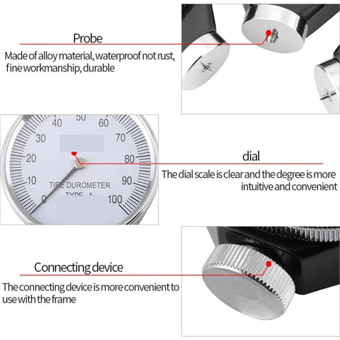 Hardness Tester For Type A O And D Scales With Simulated D Type Display Quick Easy Read Dial Built Tough From Rust Resistant Alloy Build Ideal For Testing Hardness In Plastics And Sulfur Goods Durable Accurate Fast Results close-up dial and alloy probe