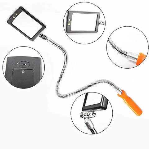 Flexible Inspection Mirror On A Stick With 360 Rotation And 2 LED Lights, Swivel Design, 55mm by 90mm mirror, 52 cm reach