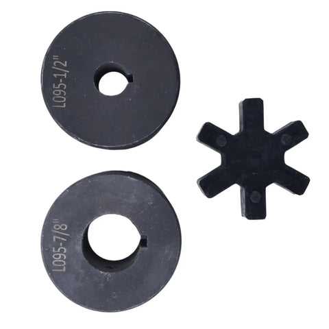 Heavy Duty 1/2 Inch To 7/8 Inch Flexible L Jaw Coupling Set With Buna N Rubber Spider For Log Wood Splitter 3 Piece Industrial Grade Interchangeable With Lovejoy Martin Browning TB Woods Built To Last, black 3-piece set