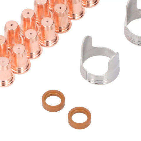 Heavy Duty Plasma Cutting Torch Electrode Tip Kit with copper tips, guide rings, and caps for quick changeouts.