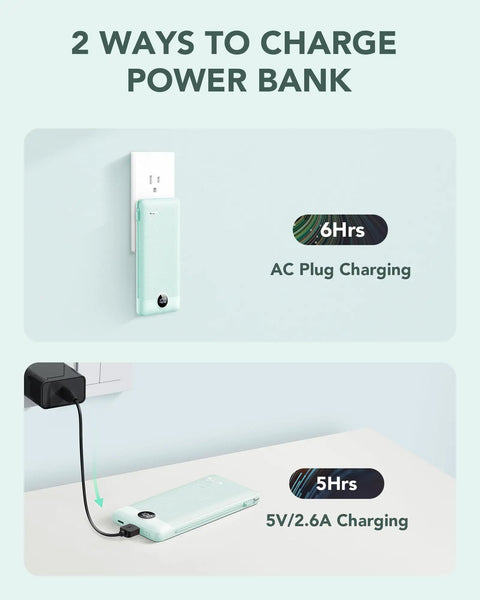 Image showing two charging methods for All In One 10000mAh Portable Charger With Built In Micro USB And Type C Cables And AC Wall Plug USB C Power Bank