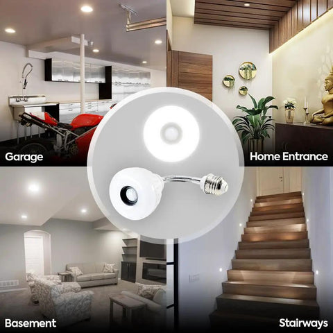 Hella Bright LED Motion And Light Sensor Lamp, display of uses in garage, home entrance, basement, and stairways with flexible head.