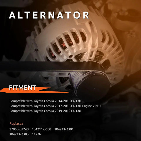 Close-up view of an alternator for Toyota Corolla 2014 to 2019 1.8L L4 125Amp 12V CW 6 groove pulley replacement dropdown fit OEM quality.