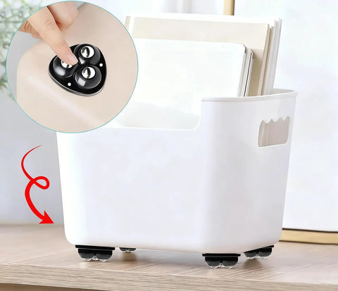 Glide Easy Appliance Mover Set With No Sweat Self Adhesive Mounts And Rock Solid 360 Swivel Casters For Kitchen Islands Coffee Bars And Couch Legs Eight Pack Black Finish shown on a white storage bin.
