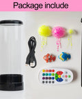 Jellyfish Lava Lamp 16 Color Changing USB LED Night Light Mood Lamp package with remote, USB cable, and decorative accessories.