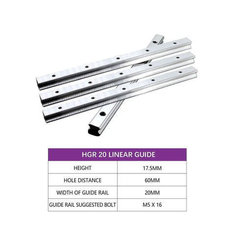 Top Notch High Precision Linear Guide Rail Kit With 300mm HGR20 CNC Router Guides showing aluminum rails and specifications.