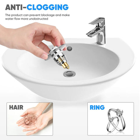 User holding universal stainless steel sink drain stopper with pop up design and hair catcher over basin.