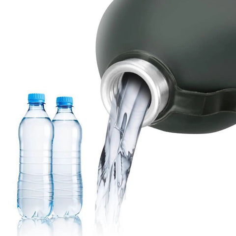 Camouflage Insulated Water Bottle 1L With Strap And Thermal Lining Rugged Aluminum Hydration Flask pouring water beside plastic bottles.