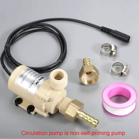 12V Solar Hot Water Circulation Pump With UL Listed DC Power Adapter, brass coupler, hose clamps, and tape shown