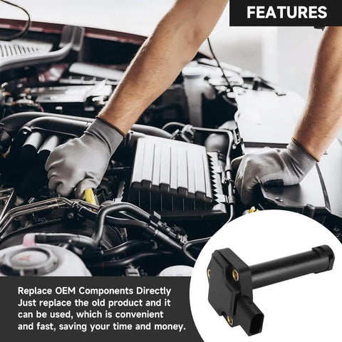 Mechanic installing Oil Level Sensor Replacement For BMW 3.0L I6 Gas Engines, plug-and-play unit visible, 2011-2016 models