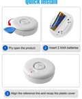 Five Pack Water Leak Alarm Detectors With 120dB Loud Alarm IP66 Waterproof Ultra Sensitive Probes Detect Drips And Mist Four Bottom Sensors And Two Top Probes For Quick Alerts And Realistic Protection. White round water leak alarm with AAA batteries and quick install steps.