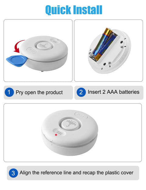 Five Pack Water Leak Alarm Detectors With 120dB Loud Alarm IP66 Waterproof Ultra Sensitive Probes Detect Drips And Mist Four Bottom Sensors And Two Top Probes For Quick Alerts And Realistic Protection. White round water leak alarm with AAA batteries and quick install steps.