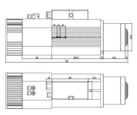 Heavy Duty Air Cooled CNC Spindle Motor 9Kw 380V 400Hz 2400Rpm detailed technical drawing with dimensions for woodworking laser router use.