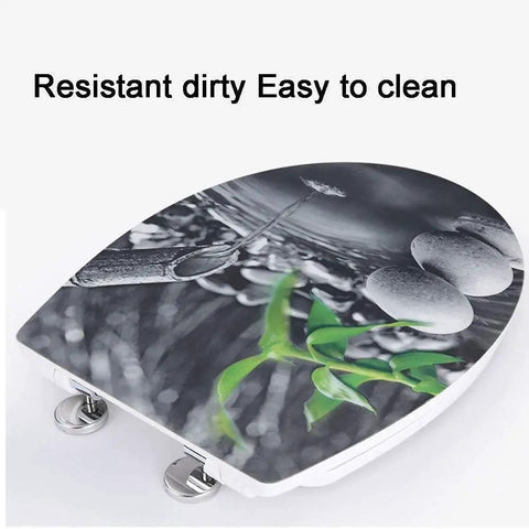 Elongated Toilet Seat With Super Smooth Slow Close Lid, Heavy Duty Rust Proof Chrome Hinges, Top Tier Durable Wood Surface, Rock Solid Build For Zero Sweat Home Renovations in modern design with leaf pattern.