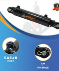 Beefed Up Heavy Duty 3 Inch Bore 8 Inch Stroke Hydraulic Cylinder With Welded Threaded Clevis End, 3000 PSI Rating, Dual Acting, SAE 8 Ports, 1.5 Inch Rod, 18.25 Inch Retracted, 26.25 Inch Extended, Pin Holes 1 Inch, black steel cylinder with clevis end
