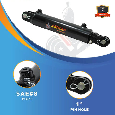 Beefed Up Heavy Duty 3 Inch Bore 8 Inch Stroke Hydraulic Cylinder With Welded Threaded Clevis End, 3000 PSI Rating, Dual Acting, SAE 8 Ports, 1.5 Inch Rod, 18.25 Inch Retracted, 26.25 Inch Extended, Pin Holes 1 Inch, black steel cylinder with clevis end