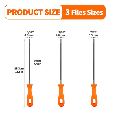 Pro Grade Three Size Chainsaw Sharpening File Set Five Thirty Second Inch Seven Thirty Second Inch And Three Sixteenth Inch with plastic handle