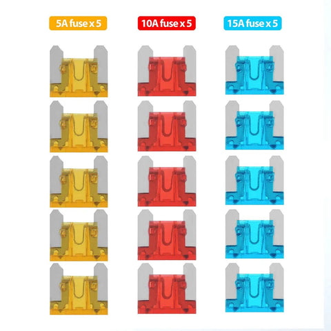 Set of 5A, 10A, and 15A fuses in yellow, red, and blue colors for 12V Add A Circuit Fuse Tap Adapter For Car Cigarette Lighter