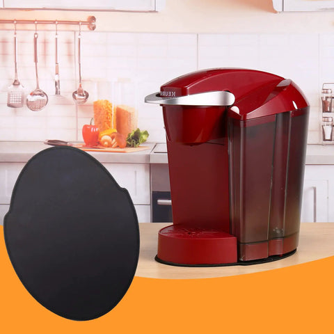 Slick Slide Mat For Keurig K Classic Coffee Maker Slider Pad Mover Extender Tray against a red Keurig in kitchen setting.