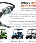 Ignition Starter Switch Assembly For 48V Golf Carts Replacement Fits Edison And Advanced EV Models And I20 I20U I20L I40 I40F I40L I60 I60F I60L I80 Plus Gorilla Rides G Series Venom D Series Unique Key Switch Two Position On Off shown with two keys and image of golf carts suitable for the switch