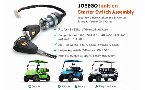 Ignition Starter Switch Assembly For 48V Golf Carts Replacement Fits Edison And Advanced EV Models And I20 I20U I20L I40 I40F I40L I60 I60F I60L I80 Plus Gorilla Rides G Series Venom D Series Unique Key Switch Two Position On Off shown with two keys and image of golf carts suitable for the switch