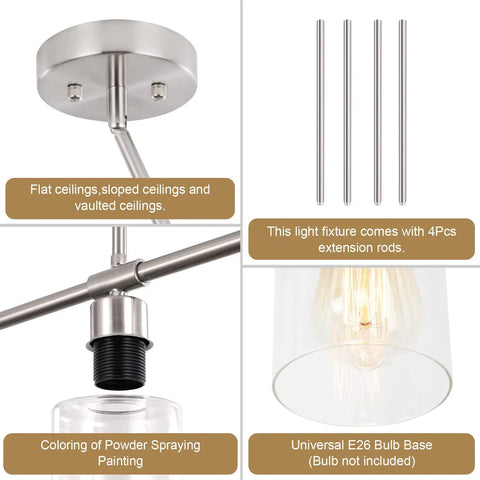Three Light Modern Chandeliers For Kitchen Island Lighting In Brushed Nickel With adjustable rods and clear glass pendants details