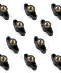 10 Pack Black M8 Through Hole T Knobs Built Tough Quick Release Clamping Nuts with black plastic and copper inserts.