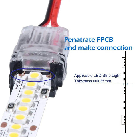 Close-up of High Density LED Strip Connector Kit for 12mm 2 Pin SMD and COB light strips showing connector and LED strip connection.