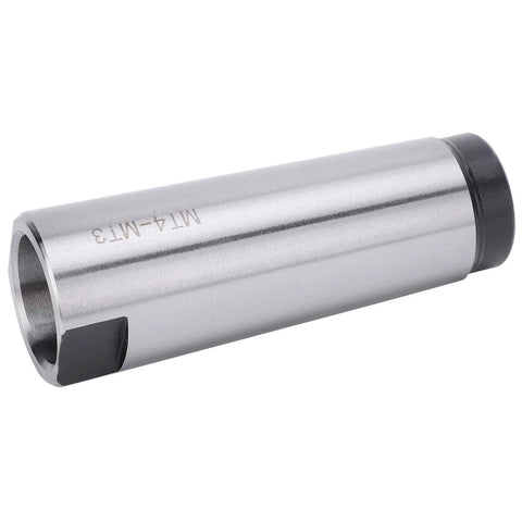 Side view of MT4-MT3 Morse taper reducing adapter, high-speed steel, silver body with black end.