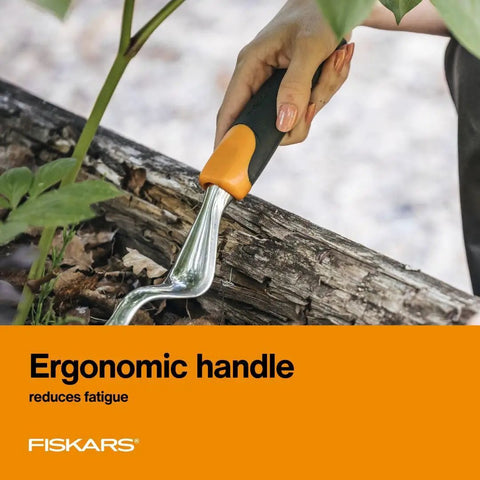 Ergo Weeder Tool For Weeding, Heavy Duty Gardening Hand Tool With Ergonomic Handle shown in action uprooting a weed