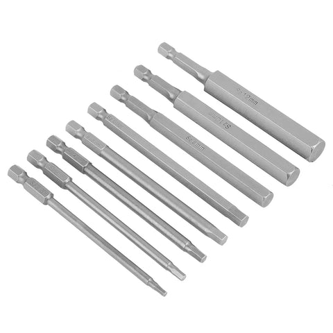 Kickstart Any Heavy Duty Job With These Top Tier S2 Steel Hex Bits. Solid 2.5 To 12 Millimeter Screwdriver Heads on white background