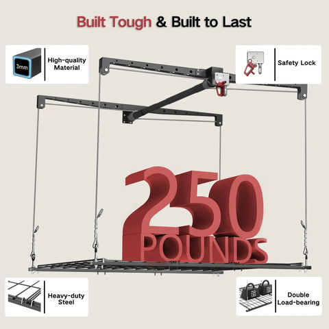 Heavy Duty Overhead Garage Storage Rack For 10 To 12 Ft Ceilings With A Slick Drop Down Release And Rock Solid Safety Locks 4X4 Foot Ceiling Loft Organizer 250 Lb Capacity Max Out Your Space