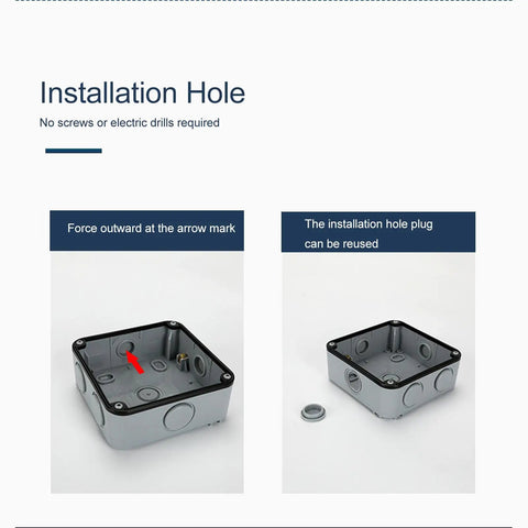Tough As Nails IP66 Weatherproof Outdoor Electrical Outlet Box showing installation hole and reusable plug for easy setup.