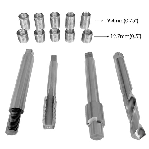 Three Eighths Twenty Four Thread Repair Kit with two insert lengths, half and three-quarter inch stainless steel inserts, drill, and tap