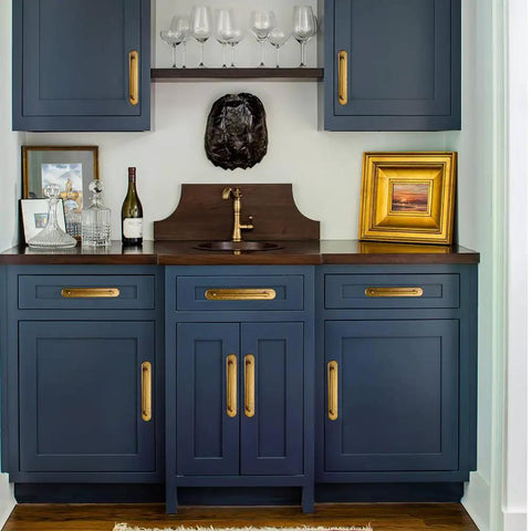 Antique Brass Cabinet Pull Set 5 Inch Center To Center Racetrack Backplate Handles on blue kitchen cabinets