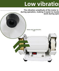 Heavy Duty Dual Wheel Bench Polisher With 120 Watt Copper Motor Cranking Out 3000 Rpm showing rubber shock-absorbing mounts for low vibration.