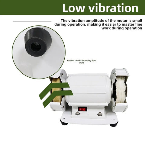 Heavy Duty Dual Wheel Bench Polisher With 120 Watt Copper Motor Cranking Out 3000 Rpm showing rubber shock-absorbing mounts for low vibration.