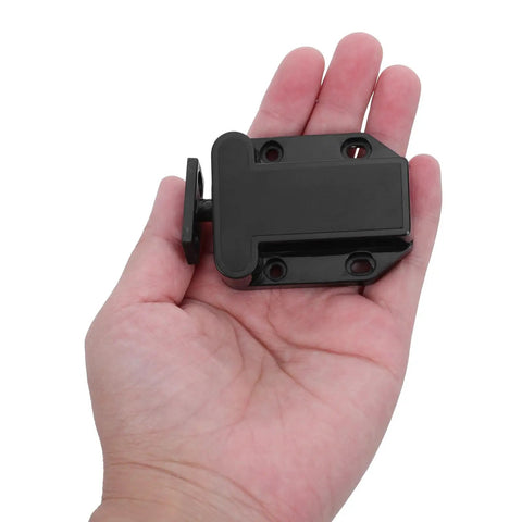 8 Pack Self Closing Push To Open Door Latches For Cabinets Black Plastic Spring Loaded Latch in hand