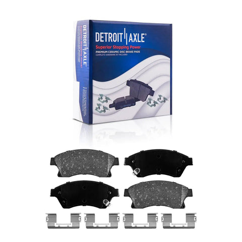 Chevy Front Brake Kit With 10.87 Inch Front Rotors And Ceramic Pads For Sonic 2012 To 2017 And Cruze 2011 To 2015 2016 Cruze Limited Replacement Disc Brake Upgrade, showing ceramic pads with hardware and packaging.