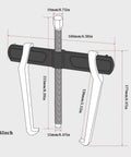 Diagram of 6 Inch 2 Jaw Gear Puller for internal and external removal, showing size measurements and heat-treated CRV steel construction.