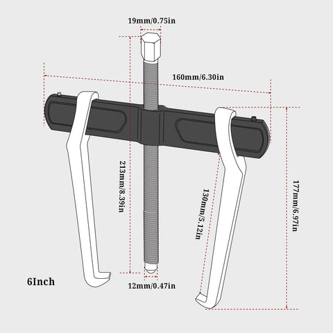 Diagram of 6 Inch 2 Jaw Gear Puller for internal and external removal, showing size measurements and heat-treated CRV steel construction.