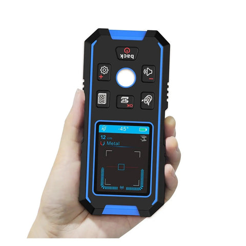 Beefy Stud Finder Wall Scanner Backlit Lcd Screen handheld showing depth gauge for locating live AC wire and metal pipes.