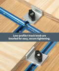 All In One Pro Grade Woodworking T Track Stops And Clamps Kit showing low-profile t track knob on a wooden surface.