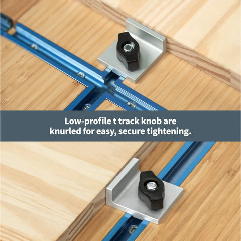 Close-up of Workhorse T Track Stop Kit with low-profile knob on wooden surface for precise, secure clamping in routing.