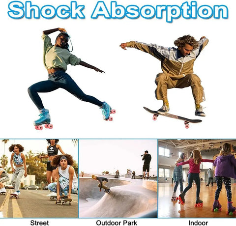 8 Pack Roller Skate Wheels With Bearings Installed And Toe Stoppers For Double Row Quad Skates And Skateboard Indoors Or Outdoors 32mm By 58mm 82A Pink Ready To Roll in action on street, park, and indoor scenarios showcasing shock absorption.
