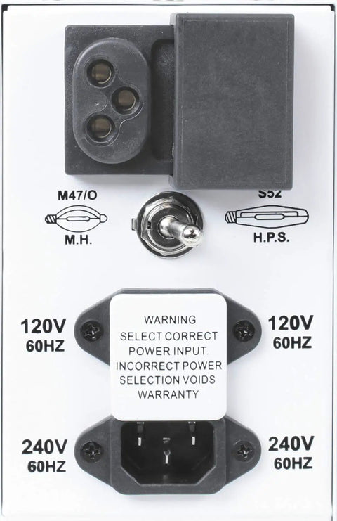 Hard Core 1000 Watt Remote Ballast For 120 240 Volt Systems with dual receptacles, voltage selectors, and power input warning label.