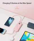 10000mAh Slim Portable Charger, Built In Four Power Bank Cables, Straight Up Travel Essential To Keep Yo Phone Lit Without Any Cord Drama, Ready For Commute charging five devices simultaneously.