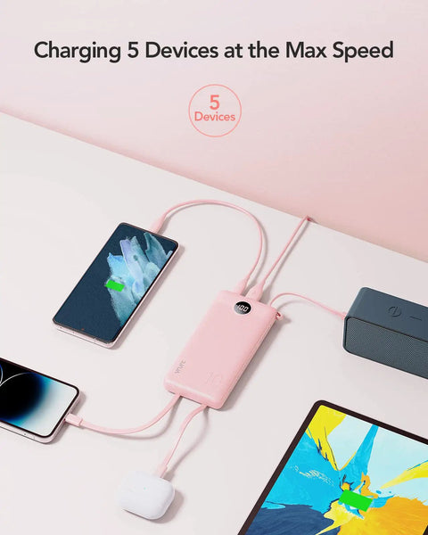 10000mAh Slim Portable Charger, Built In Four Power Bank Cables, Straight Up Travel Essential To Keep Yo Phone Lit Without Any Cord Drama, Ready For Commute charging five devices simultaneously.